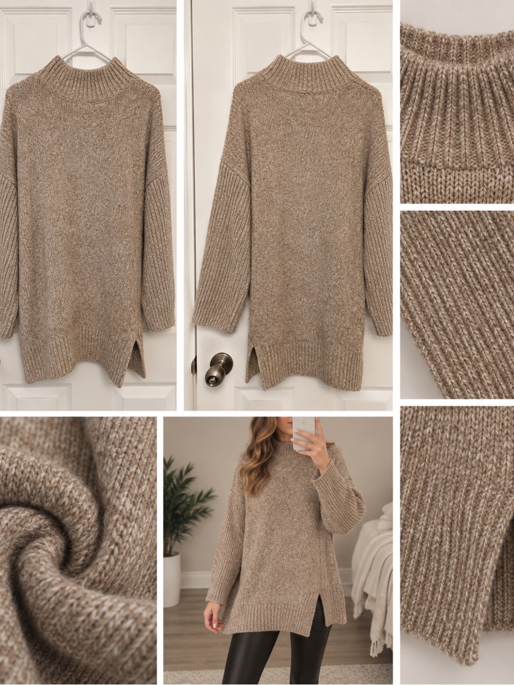 Cozy High-Neck Ribbed Tunic Sweater Dress — Taupe